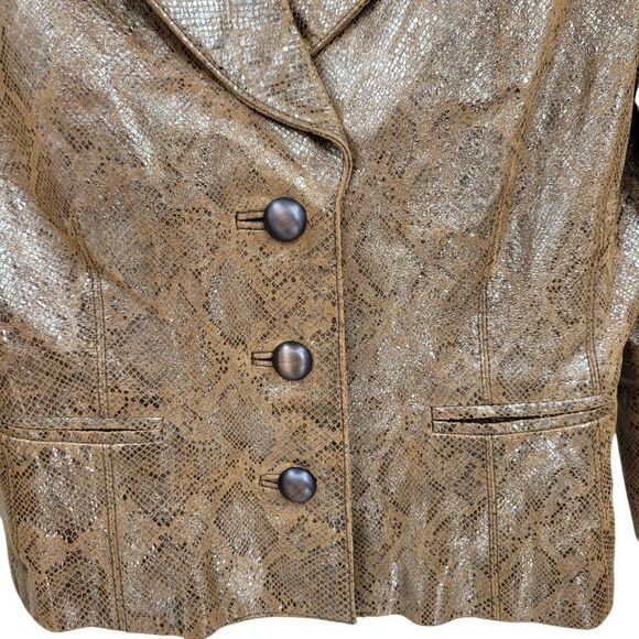 Vtg 90's Designer Vakko Blazer Leather Jacket Metallic Snake Print Mustard Sz 12 - Picture 7 of 10